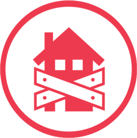 Red closed house icon in a red circle